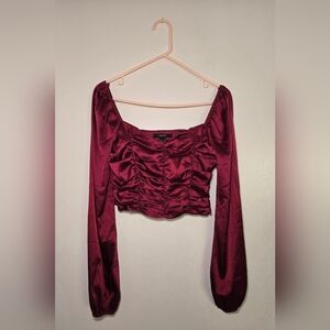 Forever 21 Burgundy Womens Long Sleeve Crop Satin Ruched Top Size Medium